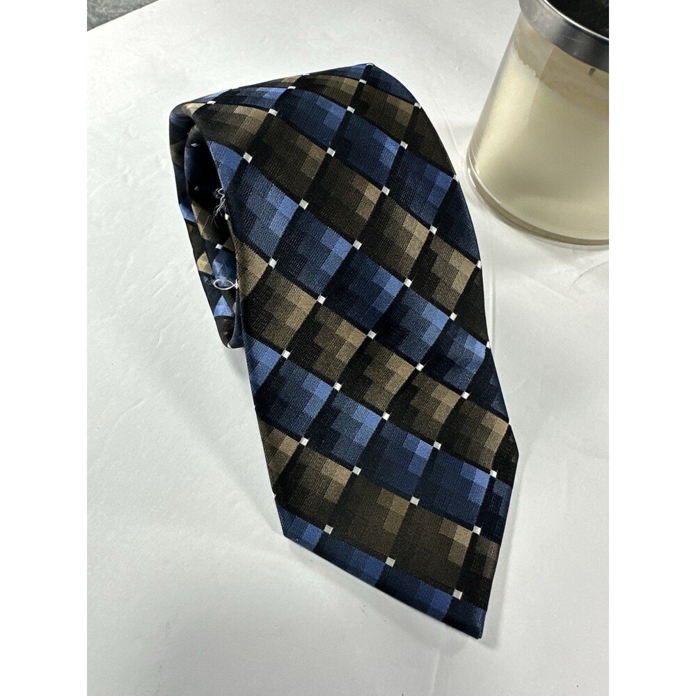Bugatti Men’s Silk Necktie - Geometric Check/Plaid Pattern - Blue, Brown & Tan